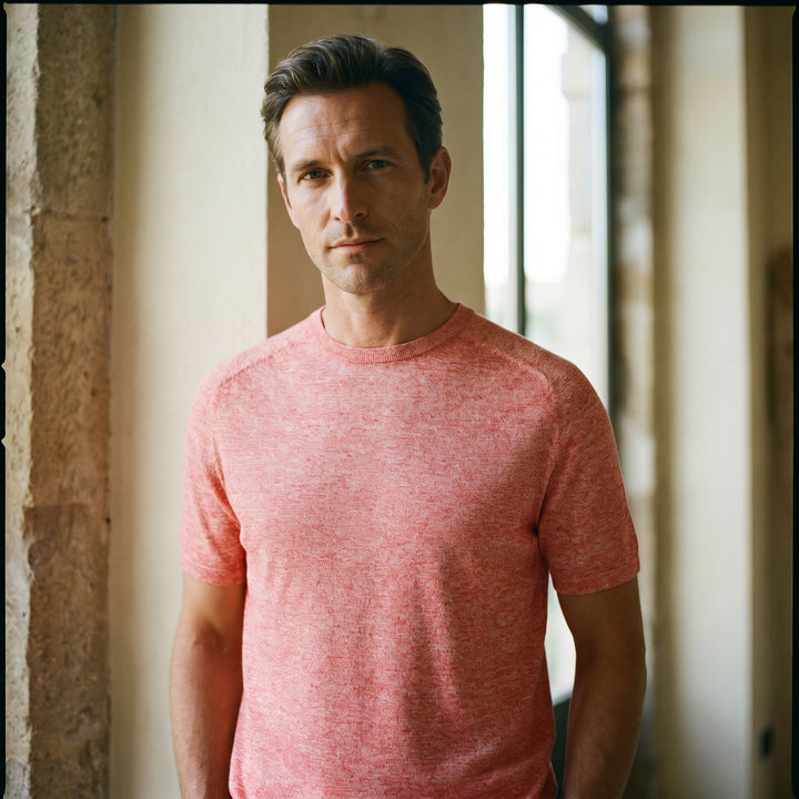 Raglan Linen Short Sleeve Crew Neck, worn — Emanuel Berg