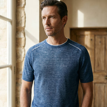 Raglan Linen Short Sleeve Crew Neck, worn — Emanuel Berg