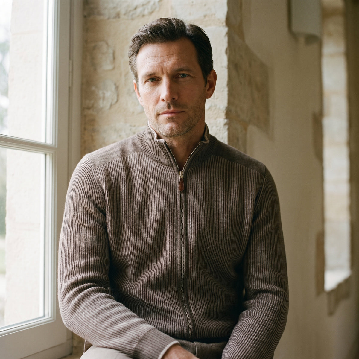 Mixed Panel Merino Zip Cardigan in Medium Brown — Emanuel Berg