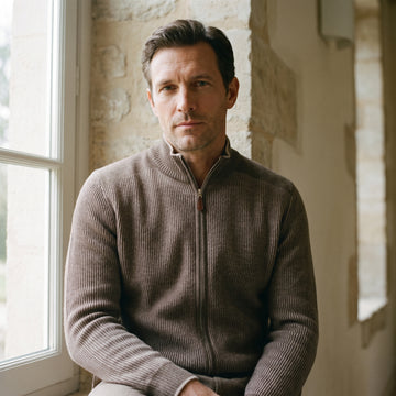 Mixed Panel Merino Zip Cardigan, worn — Emanuel Berg