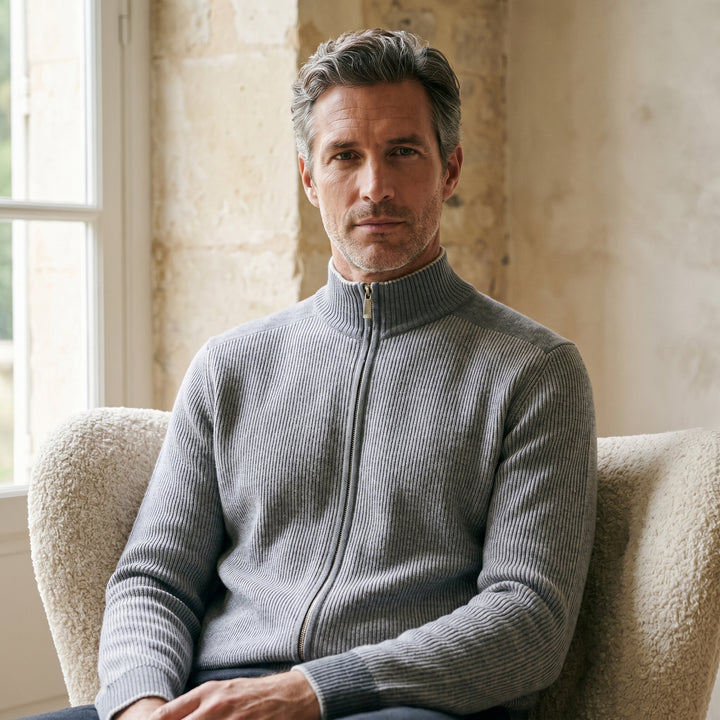 Mixed Panel Merino Zip Cardigan, worn — Emanuel Berg