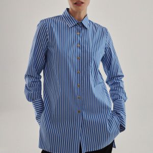 ÉMANOU FILOU, Blue Striped Shirt with Gold-Tone Buttons