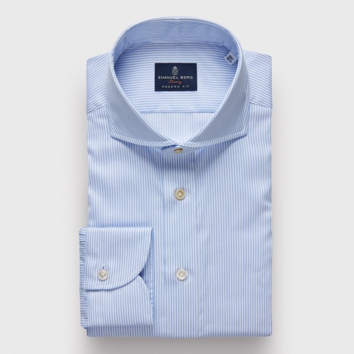 Emanuel Berg Harvard, Light Blue Striped Wrinkle Resistant Twill Shirt