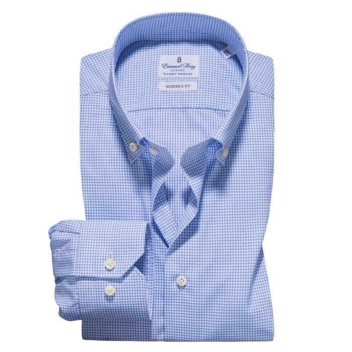 Emanuel Berg Basel, niebieska koszula w kratkę, Wrinkle Resistant Twill