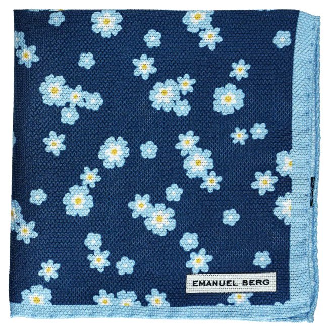 Navy Blue Floral Pattern Silk Pocket Square