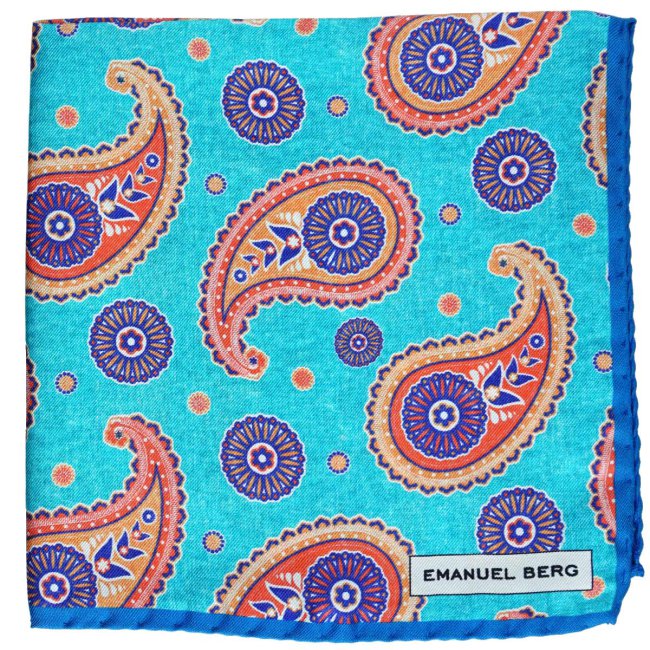 Turquoise Paisley Pattern Silk Pocket Square