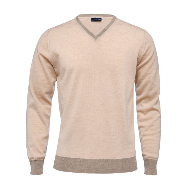 Beige Merino Wool V-Neck Sweater