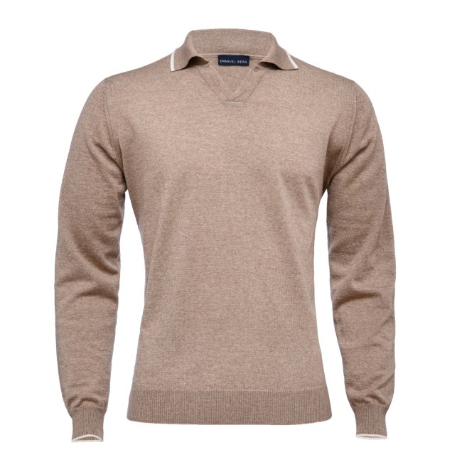 Beige Merino Wool, Cotton and Cashmere Polo Sweater