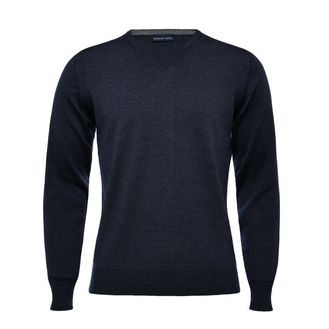 Navy Blue Merino Wool V-Neck Sweater