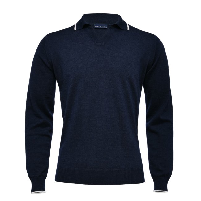 Navy Blue Merino Wool, Cotton and Cashmere Polo Sweater