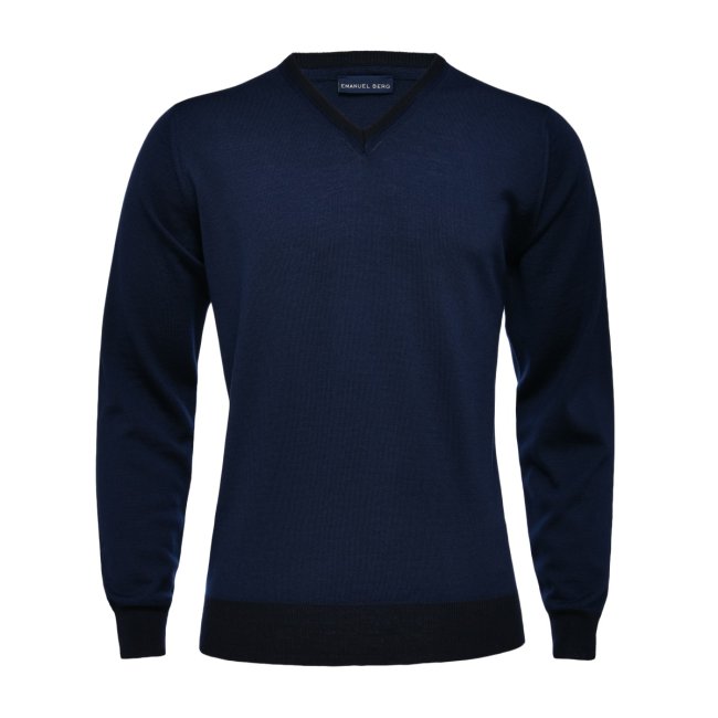Navy Blue Merino Wool V-Neck Sweater