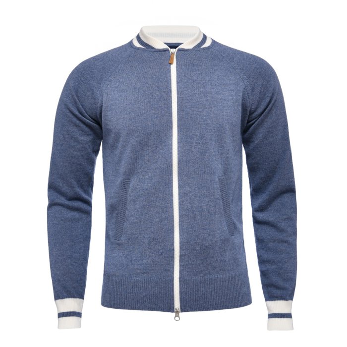 Emanuel Berg Niebieski sweter z wełny merino i bawełny z zamkiem błyskawicznym