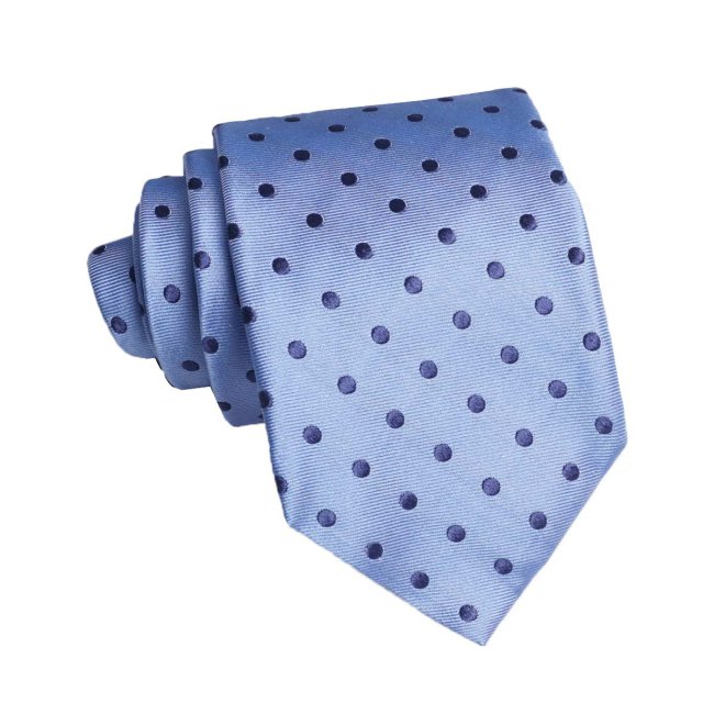 Krawat niebieski w granatowe grochy, jedwabny