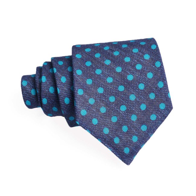 Krawat niebieski w turkusowe grochy, lniany