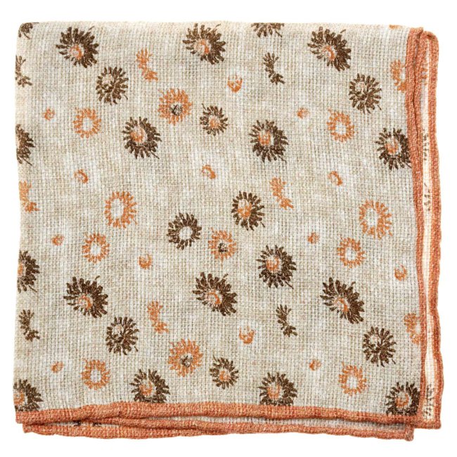 Beige Floral Pattern Linen and Cotton Pocket Square